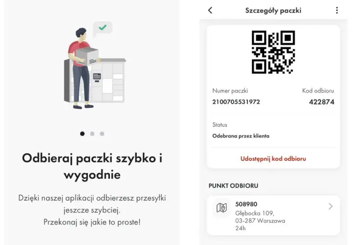 Ilustracja przedstawia mężczyznę odbierającego paczkę z automatu paczkowego oraz ekran aplikacji z kodem QR i szczegółami paczki.